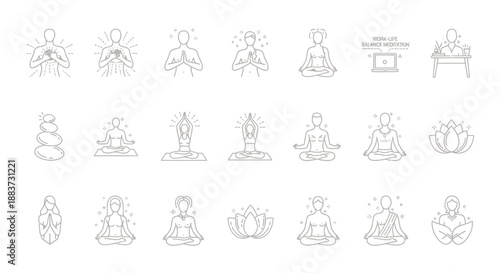 Set of twenty meditation and yoga line art icons representing relaxation and mindfulness.