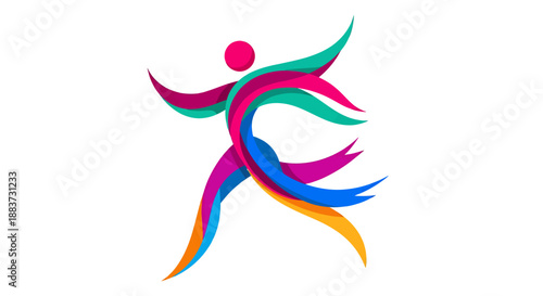 Abstract colorful human figures dancing and celebrating in dynamic motion.