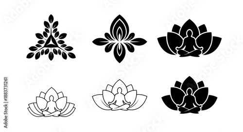 Set of six stylized lotus flower icons in black and white design.