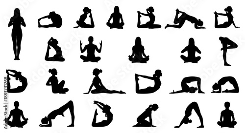 Silhouettes of women performing various yoga poses and stretches in a sequence.