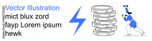Financial planning, economic forecasting, business analysis, strategic growth, investment opportunities, wealth management. Person observing coin stacks and lightning bolt. Financial planning
