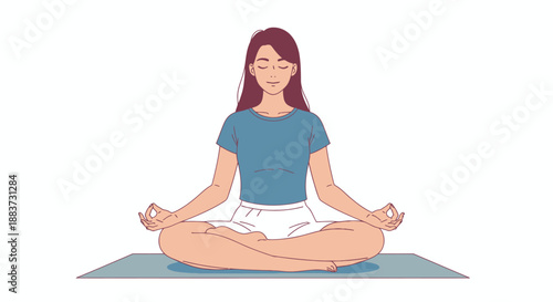 Young woman practicing meditation and yoga in a seated lotus pose on a mat.