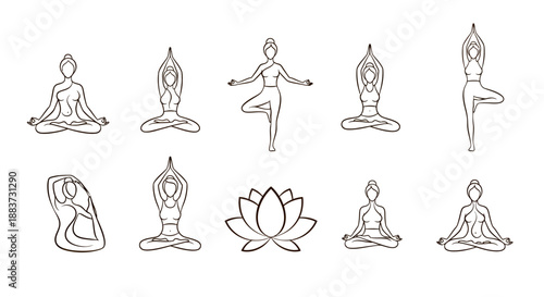 Set of simple line art illustrations depicting various yoga poses and a lotus flower symbol.