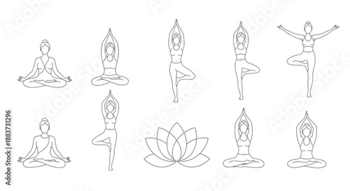 Set of simple line art illustrations showing various yoga poses and a lotus flower symbol.