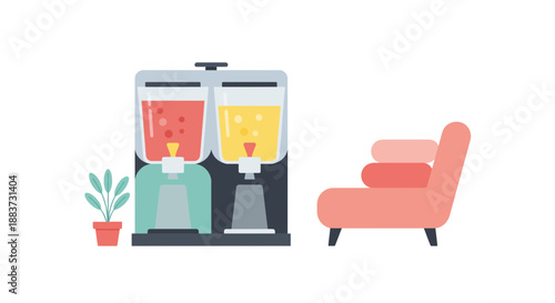 Inviting refreshment station with colorful juice dispensers and cozy seating, perfect for a vibrant office break room or a stylish waiting area design