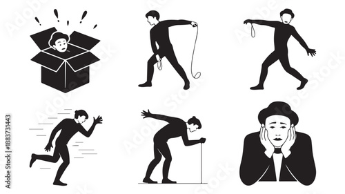 Human actions and emotions in a minimalist conceptual black and white vector illustration set for business and psychological concepts.