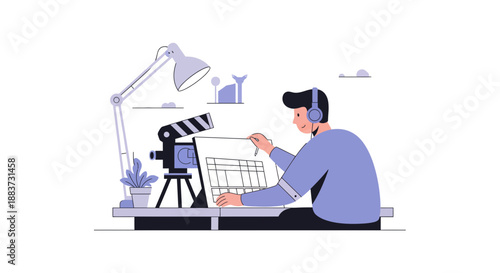 Filmmaker planning his next film project with clapperboard and script, ideal for creative agency or entertainment industry advertising & marketing campaigns