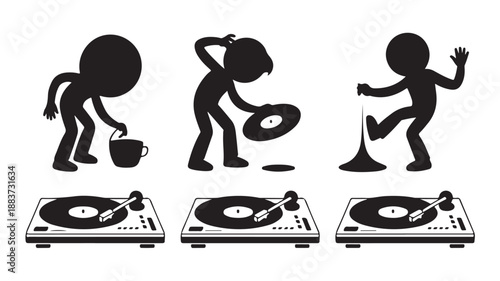 DJ Accidents with Turntables and Vinyl Records in Humorous Clumsy Destructive Cartoon Silhouette Black and White Graphic Vector Illustration for Music Mishaps and Technical Difficulties.