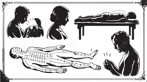 Traditional Chinese Medicine Illustrations in Classic Black and White Engraving Style for Holistic Health Education.