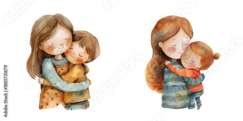 cute kid hugging mom watercolor vector illustration