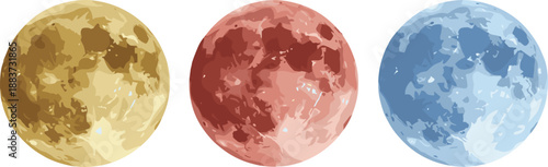 Vector Illustration of Three Full Moons in Yellow Red and Blue Colors with Detailed Surface Texture and CratersVector Illustration of Three Full Moons in Yellow Red and Blue Colors with Detailed Surfa