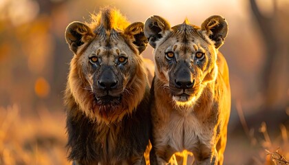 Two lionesses standing side by face.