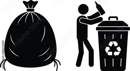 Vector Illustration Set of a Full Trash Bag and a Person Putting a Glass Bottle into a Recycle BinVector Illustration Set of a Full Trash Bag and a Person Putting a Glass Bottle into a Recycle Bin