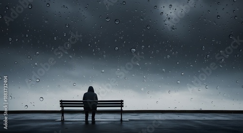 Wallpaper Mural Isolated Person Sitting on a Bench by the Water During a Downpour Torontodigital.ca