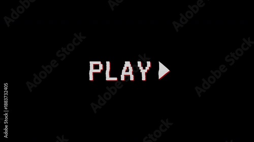 Retro VHS Play Tape Overlay with Distorted Analog Signal Glitch on Black Background, 4K Alpha Channel