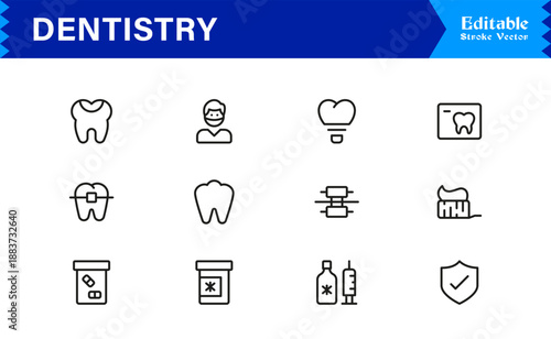 Professional Dentistry Line Icon Set with Modern Minimal Design, Editable Pixel Perfect Dental Symbols, Unique Oral Care and Medical Vector Icons for Healthcare Industry