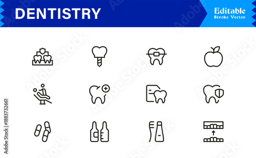 Professional Dentistry Line Icon Set with Modern Minimal Design, Editable Pixel Perfect Dental Symbols, Unique Oral Care and Medical Vector Icons for Healthcare Industry