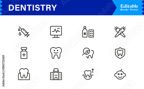 Professional Dentistry Line Icon Set with Modern Minimal Design, Editable Pixel Perfect Dental Symbols, Unique Oral Care and Medical Vector Icons for Healthcare Industry