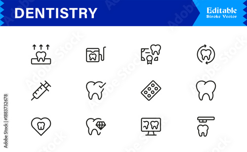 Professional Dentistry Line Icon Set with Modern Minimal Design, Editable Pixel Perfect Dental Symbols, Unique Oral Care and Medical Vector Icons for Healthcare Industry