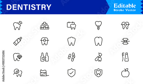 Professional Dentistry Line Icon Set with Modern Minimal Design, Editable Pixel Perfect Dental Symbols, Unique Oral Care and Medical Vector Icons for Healthcare Industry