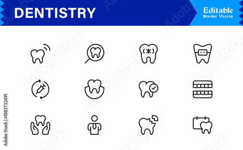 Professional Dentistry Line Icon Set with Modern Minimal Design, Editable Pixel Perfect Dental Symbols, Unique Oral Care and Medical Vector Icons for Healthcare Industry