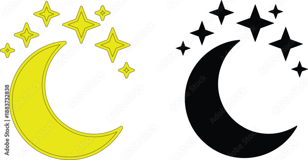 Obraz premium Vector Set of Crescent Moon and Stars Illustration in Solid Yellow and Black Outlined Styles for Night Sky and Islamic ConceptsVector Set of Crescent Moon and Stars Illustration in Solid Yellow and Bl
