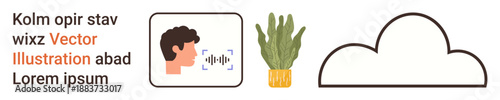 Voice recognition, speech-to-text, cloud computing, data storage, technology integration, communication. A profile speaking sound waves, plant and abstract cloud. Voice recognition and cloud