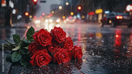 A bouquet of red roses lies on a wet street at night during a rainstorm with blurred city lights in the background creating a romantic and melancholic atmosphere