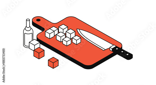 Cutting board with ice cubes and a knife ready for preparation.