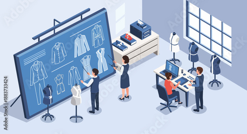 Fashion designers collaborating on a new clothing collection creative process.