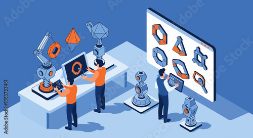 Engineers working with robots and computer screens in a manufacturing environment.