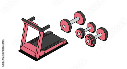 Fitness equipment illustration featuring a treadmill and dumbbells for exercise and workout.