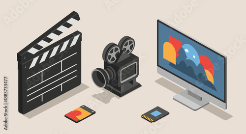 Film production equipment set including clapperboard camera and monitor.