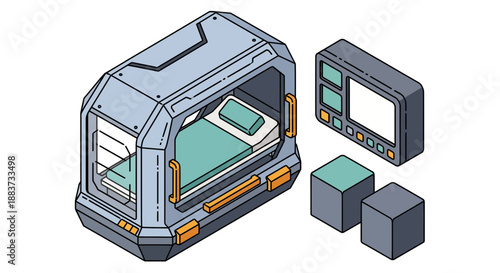 Isometric illustration of a futuristic sleeping pod with a monitor and cubes.