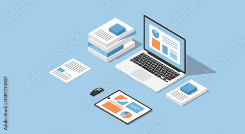 Isometric view of laptop tablet documents and mouse on blue background.