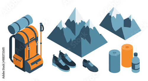 Isometric view of hiking gear and mountain landscape for outdoor adventures.