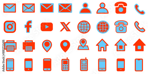 メール、電話、SNS、地図、ホーム、スマートフォンを含むビジネス向けカラフルアイコンセット　赤(オレンジ)と水色の配色が特徴的なWeb・UI用ピクトグラム素材