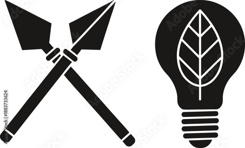 Vector Icon Set Featuring Crossed Spears and a Light Bulb with a Leaf Silhouette for Ancient and Green Energy ConceptsVector Icon Set Featuring Crossed Spears and a Light Bulb with a Leaf Silhouette f