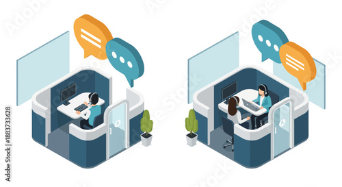 Isometric view of office cubicles with people working and communicating.