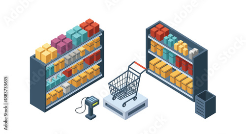 Isometric view of supermarket shelves with shopping cart and barcode scanner.