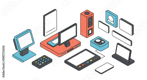 Isometric view of various electronic devices perfect for techrelated projects and designs.