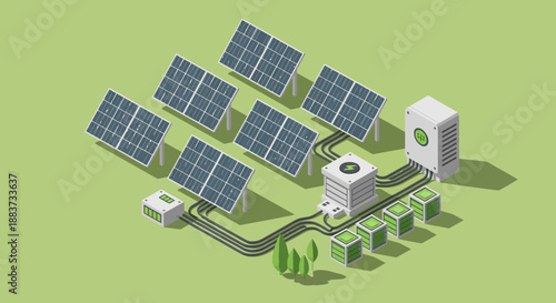 Isometric view of solar panels energy storage and power distribution system.