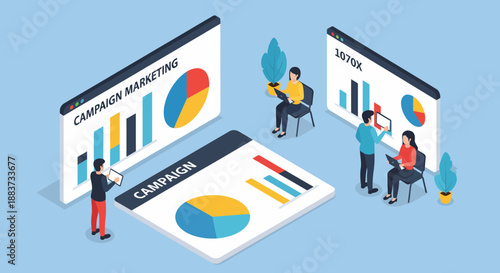 Marketing campaign analysis with charts and people working on data visualization.