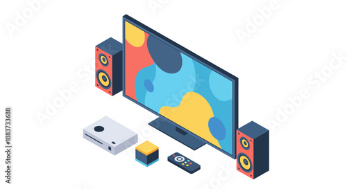 Modern home entertainment system setup with television and speakers.