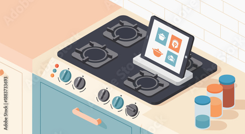 Modern kitchen stove with a laptop displaying cooking instructions and recipes.