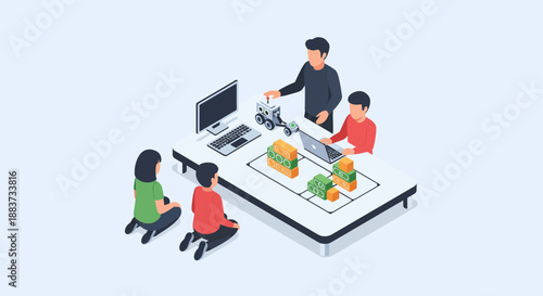 Students and teacher working together on a robotics project at school.