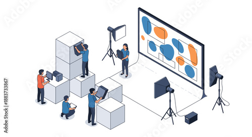 Team of professionals working on a product photography setup in a studio.