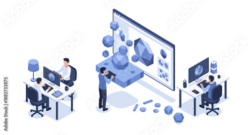 Team of professionals working on computer graphics and design projects.