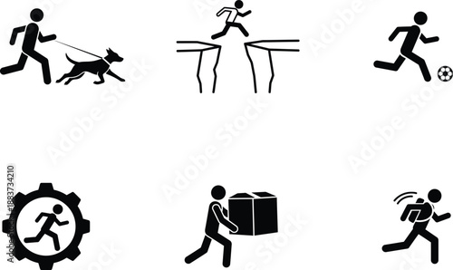 stick figure icons of people running in various actions and situations