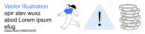 Financial security, risk management, caution, personal safety, economy, warning concepts. Woman in motion, exclamation symbol in triangle stack of coins. Financial risk and personal safety